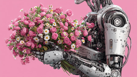 A stunning image of a robot gently cradling a vibrant bouquet of pink flowers against a soft pink background, showcasing the blend of technology and nature.の素材