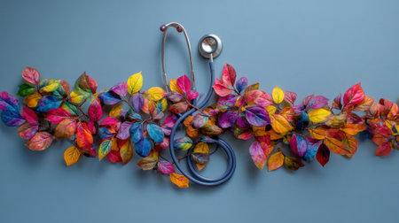 A creative arrangement of colorful leaves intertwines with a stethoscope on a serene blue background, symbolizing health and nature's beauty.の素材