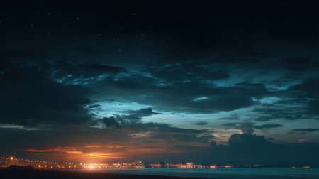 A breathtaking view of a calm ocean at night with clouds and a stunning sunset. City lights reflect on the water, creating a serene atmosphere.の素材