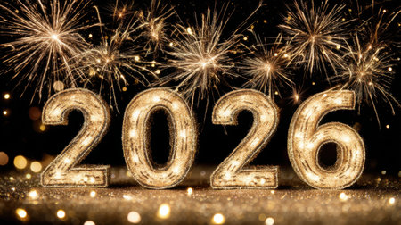 Celebrate the arrival of 2026 with this vibrant image featuring sparkling fireworks and illuminated numbers, capturing the essence of joy and new beginnings.の素材