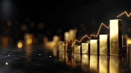 This striking image features golden financial growth bars against a shimmering background, symbolizing investment success and economic progress. Ideal for business and finance themes.の素材