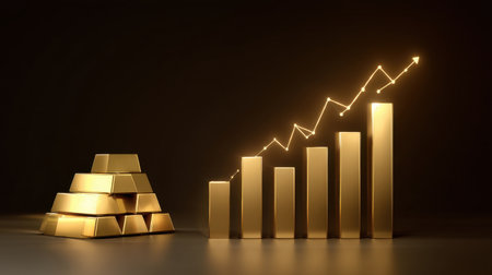 A striking visual of gold bars beside a rising graph, symbolizing wealth accumulation and financial growth, perfect for finance and investment themes.の素材