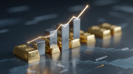 This image showcases golden bars alongside ascending graphs, symbolizing financial success and investment growth. Ideal for finance and business themes.の素材