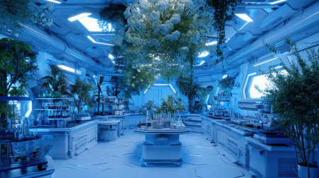 A futuristic laboratory filled with various plants and equipped with advanced technology. The blue light creates a serene atmosphere, merging nature and science.の素材
