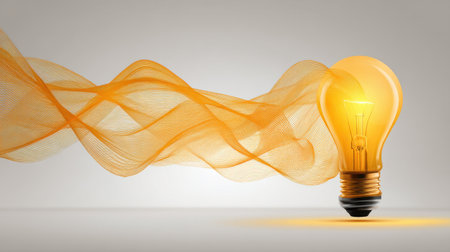 Captivating image of a glowing light bulb surrounded by flowing orange waves, symbolizing creativity and innovation in design and technology.の素材