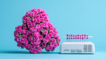 A vibrant heart-shaped arrangement of pink flowers next to laboratory equipment against a blue background. Perfect for themes of beauty, nature, and science.の素材