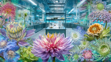 A stunning blend of vibrant flowers juxtaposed with a modern laboratory, showcasing the harmony of nature and science in an artistic creation.の素材