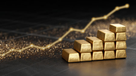 A stunning visual representation of financial growth featuring golden bars arranged in an ascending graph against a shimmering backdrop, symbolizing prosperity.の素材