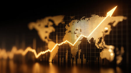 This digital illustration depicts a world map with a rising financial trend line, representing economic growth and market analysis, ideal for financial themes.の素材