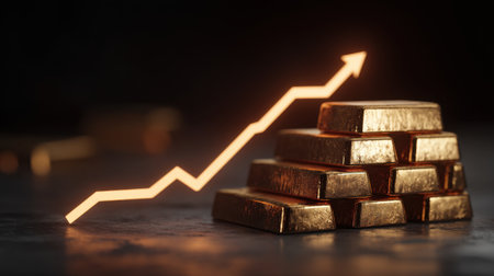 This stock photo features gold bars stacked with a rising graph, symbolizing growth and investment success, perfect for financial or business-related projects.の素材