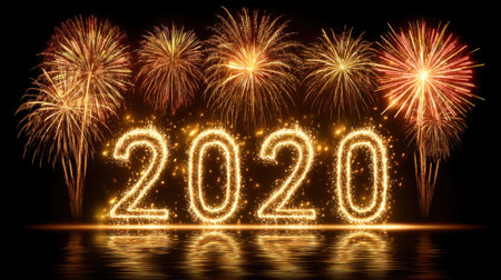 A captivating fireworks display showcases the year 2020 in sparkling lights against a dark night sky, creating a festive and joyful atmosphere.の素材
