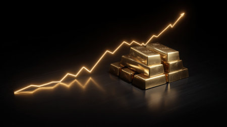 Image features gleaming gold bars stacked together, complemented by a glowing upward graph. This visual represents financial growth, investment success, and economic prosperity.の素材