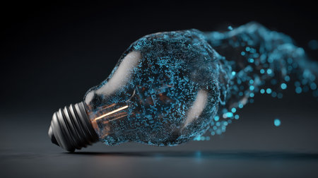 This stunning image showcases a digital representation of a light bulb emitting particles. The design incorporates flowing blue elements, symbolizing creativity and innovation, with a modern aesthetic.の素材