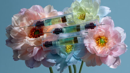 A creative arrangement featuring colorful syringes nestled among soft pastel flowers, blending the themes of healthcare and nature in a vibrant still-life setting.の素材