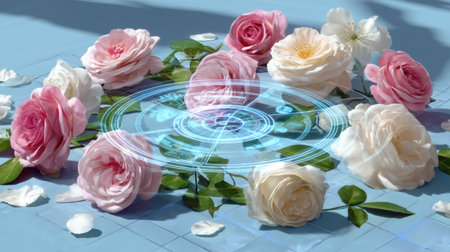 A stunning floral arrangement featuring pink and white roses with delicate petals, enhanced by digital elements, evoking a sense of beauty and tranquility.の素材