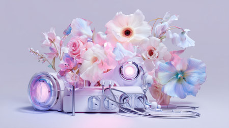 A captivating composition featuring vibrant flowers and sleek tech gadgets, showcasing the harmony between nature and modern life. Perfect for artistic themes.の素材