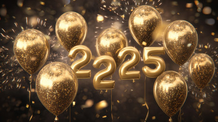 A vibrant and festive arrangement of gold balloons featuring the number 2225, perfect for celebrating a New Year, birthday, or special occasion with sparkles and confetti.の素材