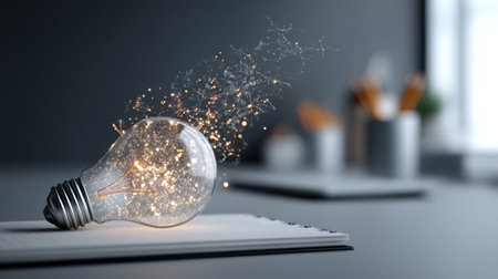 A glowing light bulb with sparkling energy symbolizes creativity and innovation in a minimalist workspace. Perfect for themes of inspiration and imagination.の素材