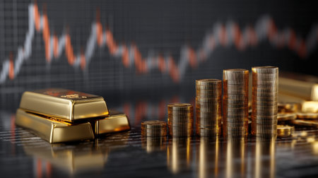 This image showcases gold bars and coins in front of a stock market chart, representing the relationship between precious metals and financial investments.の素材