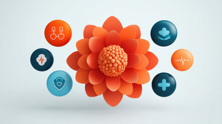 This vibrant 3D flower design showcases health and wellness icons in a modern setting. The composition highlights beauty and care themes, perfect for wellness projects.の素材