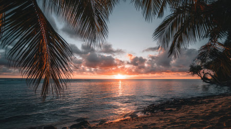 Experience a tranquil sunset over a calm ocean, framed by silhouetted palm leaves, evoking a sense of peace and natural beauty in a tropical paradise.の素材
