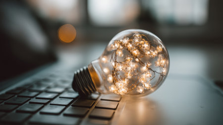 A beautifully designed light bulb filled with warm fairy lights rests on a modern workspace, creating an inviting atmosphere perfect for inspiration and creativity.の素材