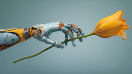 A striking image of a robotic hand delicately holding a vibrant yellow flower, showcasing the contrast between technology and nature in a unique and artistic way.の素材
