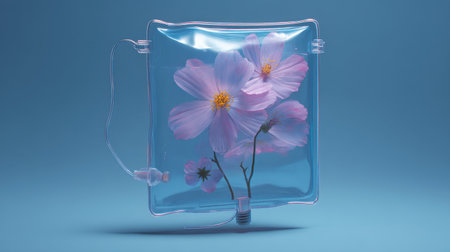 This striking image captures a delicate flower arrangement encased in a transparent plastic bag. The softness of the petals contrasts beautifully with the sleek material, evoking a sense of modern artistry.の素材