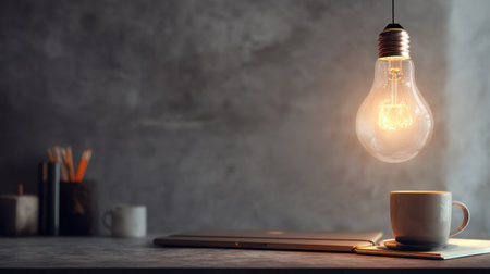 A cozy workspace featuring a warm hanging lightbulb, a steaming coffee mug, and a sleek laptop, perfect for inspiration and productivity in a modern setting.の素材