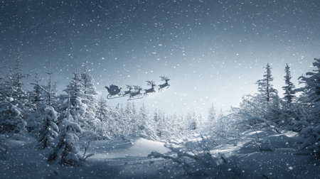 A breathtaking winter night scene showcasing Santa's sleigh flying through a snowy forest. The peaceful snowfall creates a magical atmosphere perfect for festive celebrations.の素材