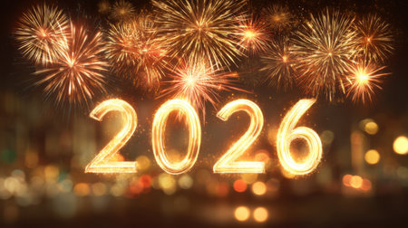 Spectacular display of colorful fireworks lights up the night sky with glowing numbers 2026. Perfect for celebrating the New Year and festive occasions.の素材