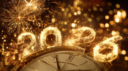 A stunning scene showcasing a clock with sparkling fireworks in the background, celebrating the arrival of 2026. Perfect for new year themes, parties, and festive moments.の素材