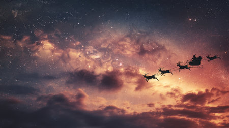 A magical scene featuring Santa Claus in a sleigh, flying through a vibrant night sky filled with clouds and stars. Ideal for holiday themes.の素材