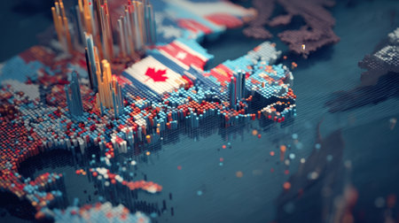 Explore a vibrant 3D topographical map of North America showcasing stunning data visualization. This artistic representation highlights geographical diversity and depth.の素材