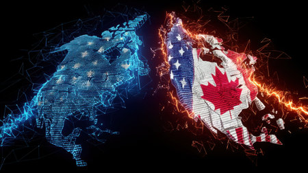 A modern digital representation of North America featuring the flags of Canada and the United States, intertwined with vibrant effects, symbolizing connection and innovation.の素材