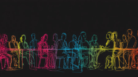 Bright and colorful line art depicting a group of people gathering at a dinner table with drinks. This vibrant illustration captures the lively atmosphere of social interaction and celebration.の素材