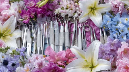 An artistic display of dental tools elegantly arranged among a vibrant variety of colorful flowers, creating a unique blend of healthcare and nature.の素材
