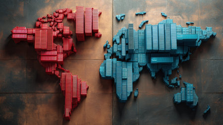 This artwork illustrates global trade dynamics with red and blue shipping containers shaped as a world map, symbolizing competition and collaboration in international logistics.の素材