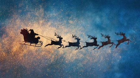 A captivating silhouette of Santa Claus riding in a sleigh pulled by reindeer, set against a starry night sky, embodies the magic of the holiday season.の素材