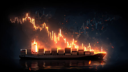 Dynamic representation of a cargo ship with containers, accompanied by data visualizations. The image reflects trading concepts, economic growth, and global shipping.の素材