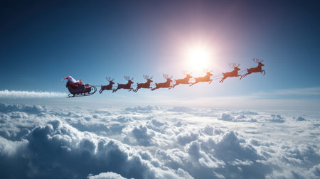 A delightful depiction of Santa Claus soaring through the sky in his sleigh, pulled by reindeer. The scene captures the magic and wonder of Christmas above soft, fluffy clouds, with the sun casting a warm glow.の素材