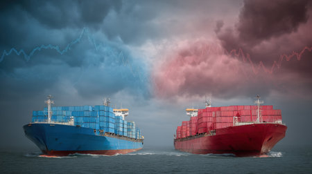 Two cargo ships navigate stormy waters, symbolizing trade competition and economic fluctuations, with a market graph in the background, depicting global shipping challenges.の素材