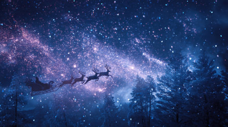 A captivating scene of Santa's sleigh and reindeer soaring through a magical starry night sky, surrounded by a snowy forest, evoking holiday joy.の素材