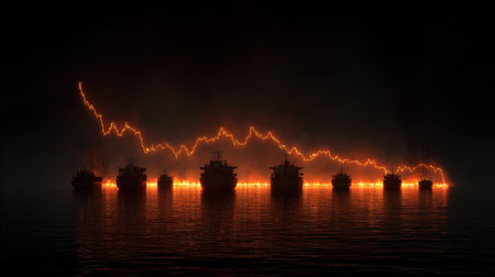 A breathtaking night scene showcasing ships illuminated by fiery patterns on the water, creating a striking contrast against the darkness while reflecting a surreal ambiance.の素材