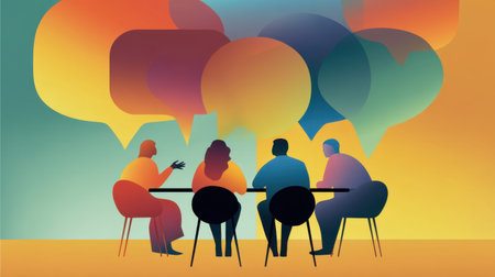 This vibrant illustration shows four people engaging in a discussion, surrounded by colorful speech bubbles. The artwork captures teamwork and communication in a modern setting.の素材