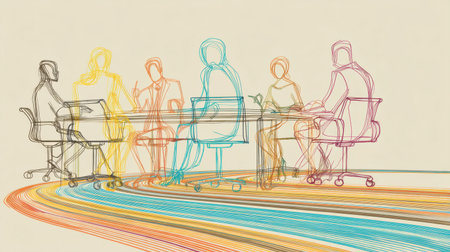 This abstract line art illustration features a group of business people engaged in a meeting. The colorful outlines depict teamwork and collaboration in a modern workspace setting.の素材