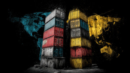 Vibrant shipping containers create a striking visual against a world map, symbolizing global trade and transportation innovations in a creative art design.の素材
