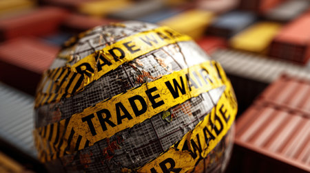 This image illustrates the concept of a global trade war, featuring a globe marked with warning stripes amidst cargo containers. The visual highlights the economic tensions and challenges in international trade.の素材