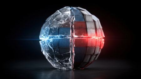 A captivating cracked sphere featuring glowing blue and red halves, set against a dark background. This abstract visual represents duality and contrast, perfect for various creative projects.の素材