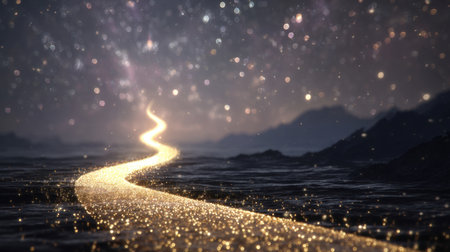 A stunning representation of a golden pathway winding through a serene night landscape filled with sparkling stars, evoking feelings of wonder and adventure.の素材